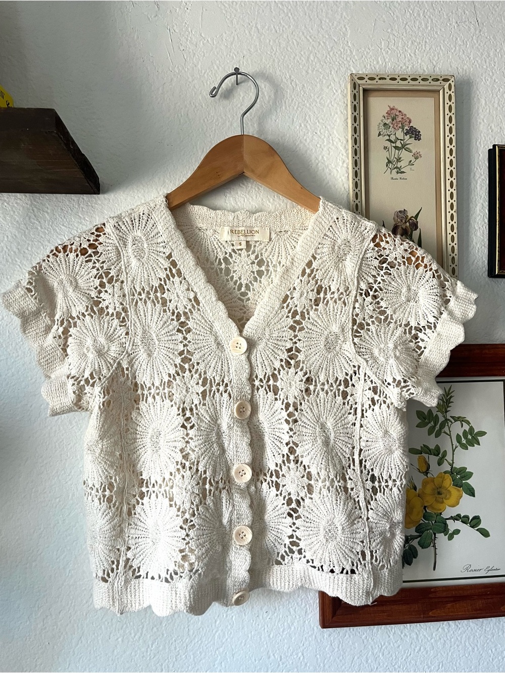 Rebellion Cream Crochet Button Front Crop Top 100% Cotton | Small - Cottagecore - Picture 3 of 12